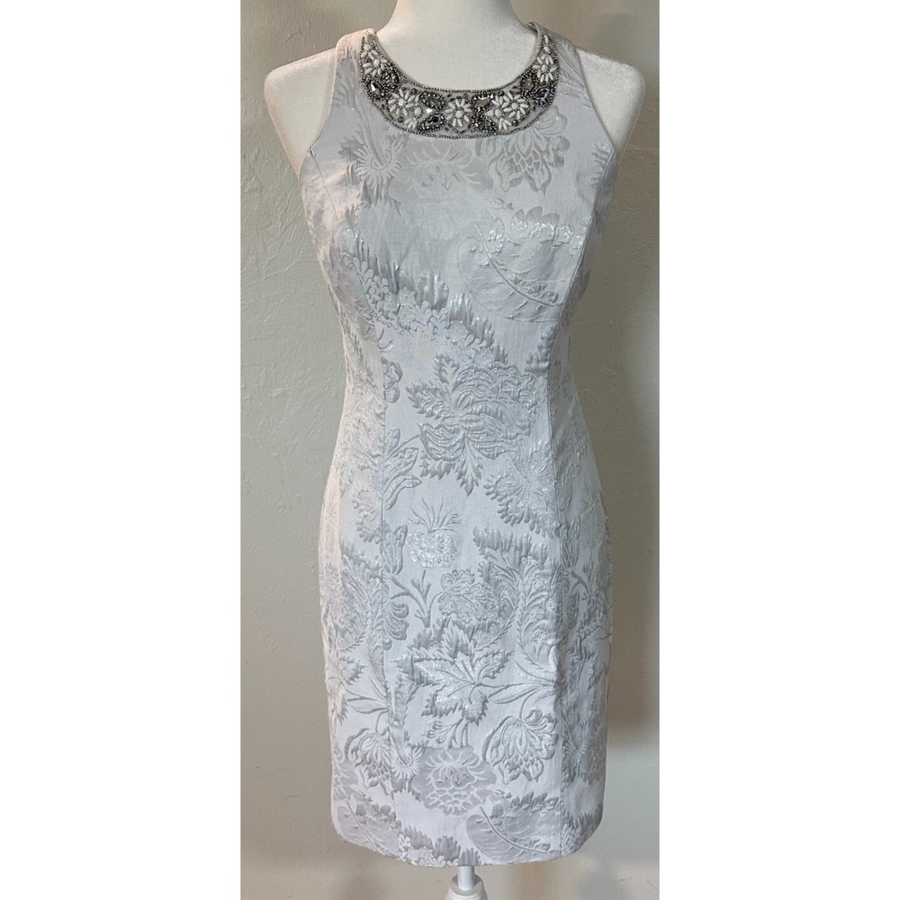 Rickie‎ Freeman Women's Silver Sleeveless Knee Length Bridal Jacquard Dress Sz 6